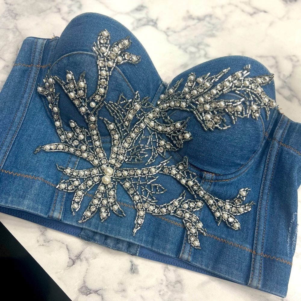 Embellished Jean bustier top